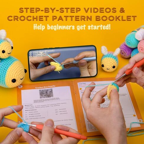 Crochetta Crochet Kit for Beginners - Starter Kit with Video Tutorials for Adults & Kids, Knitting Kit with 3 Bee Family (40%+ Yarn) in Kuwait
