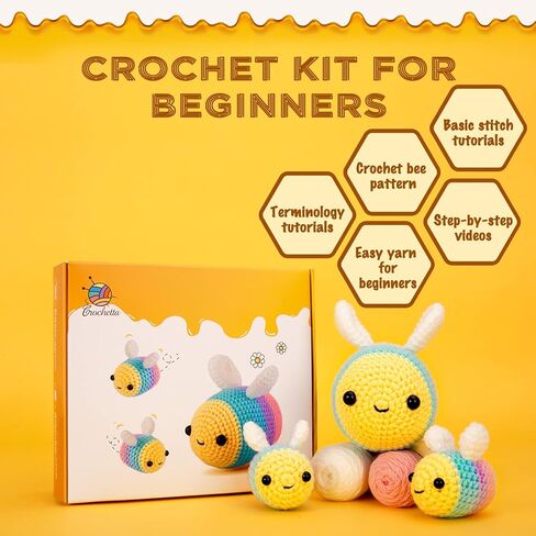 Crochetta Crochet Kit for Beginners - Starter Kit with Video Tutorials for Adults & Kids, Knitting Kit with 3 Bee Family (40%+ Yarn) in Kuwait