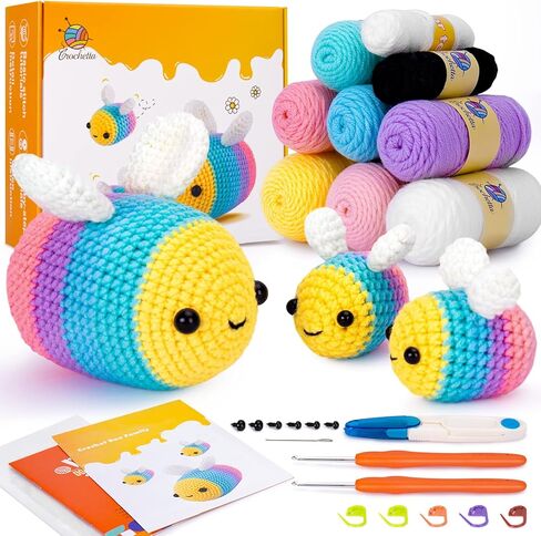Crochetta Crochet Kit for Beginners - Starter Kit with Video Tutorials for Adults & Kids, Knitting Kit with 3 Bee Family (40%+ Yarn) in Kuwait