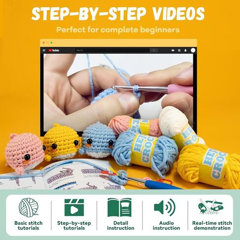 Beginner Crochet Kit, Crochet Kits for Kids and Adults, 3PCS Crochet Animal Kit for Beginners Include Videos Tutorials, Yarn, Eyes, Stuffing, Crochet Hook - Boys and Girls Birthdays Gift in Saudi Arabia
