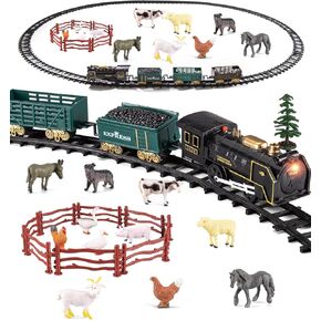 Farm Animals Toy Train Set Cargo Transport with Electric Locomotive with Light & Sound, Includes 12 Animal Figures & Accessories, Cake Toppers Stocking Stuffers Gift for Toddlers Boys & Girls Ages 3-5