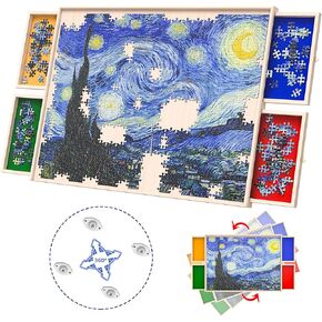 Rotatable 360-Degree Wheels Puzzle Board with Drawers and Cover 1000 Pieces Lightweight Portable Wooden Puzzle Table for Adults Kids 30'' x 22''