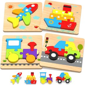 Yetonamr Wooden Toddler Puzzles Gifts Toys for 1 2 3 Years Old Boys Girls, 6 Vehicle Shape Montessori Toys Educational Blocks Kids Toys Gift Baby Learning Toy Age 1-3, 2-4