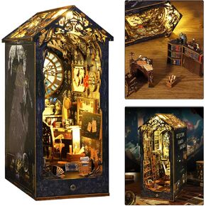 ISSEVE DIY Book Nook Kit, 3D Wooden Puzzle DIY Miniature House Kit for Book Nook Shelf Insert Decoration, Magic Book House Stand Bookshelf Dollhouse for Adults with Sensor Light (Detective Agency)