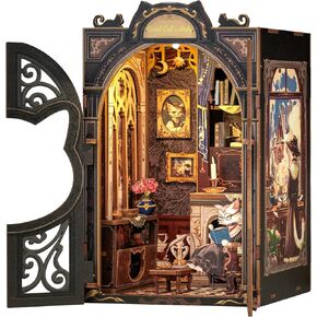 KuteFun Book Nook Kit ، DIY Miniature Dollhouse BookNook للبالغين ، أدوات الكتب الخشبية ثلاثية الأبعاد رف الكتب إدراج مع ضوء LED ، هدية لعشاق الحرفية (مكتبة الحكمة)
