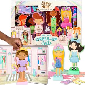 Story Magic Dress-Up Dolls Playset, Pretend Play Magnetic Case, Magnet Outfit and Accessory Pieces, Great for Travel or Playdates, Magnetic On The Go Activity Set for Ages 4, 5, 6, 7 , Pink