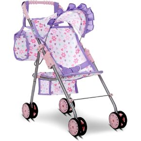 Baby Doll Stroller for Girls, Toddler Play Toy Doll Buggy Carriage Foldable with Canopy Storage Basket Travel Diaper Bag, Blue