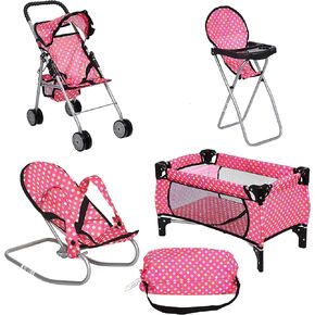 fash n kolor 4 Piece Baby Doll Play Set Flower Design Includes - Foldable Pack N Play, Baby Doll Stroller, Baby Doll High Chair, Infant Seat, Fits Up to 18'' Doll 4 Piece Doll Accessories Set
