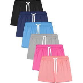 Poroka 6 Pack Girls Dry-fit Running Shorts Active Performance Short Summer Sports Shorts with Drawstring Pocket for Kids