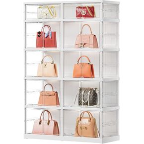 10 Cube Clear Handbag Storage Organizer for Closet,Large Plastic Handbag Display Case With Wheels,Foldable Purse Cabinet With Doors, 5Tier-10 Cubbies