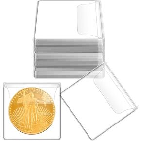 50PCS Single Pocket Coin Sleeves, 2.1 x 2.1 Inches Clear Plastic Coin Holders Individual Coin Protectors Small Pouches for Coin Currency Bills Collectors