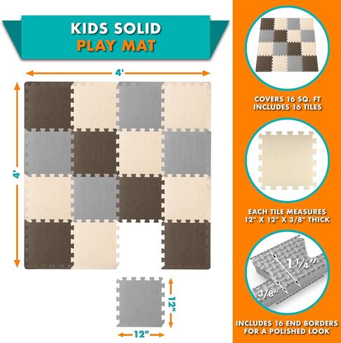 ProSource Foam Puzzle Floor Play Mat for Kids and Babies with Solid Colors, 36 or 16 Interlocking Tiles with Borders, Brown/Beige/Grey in Kuwait
