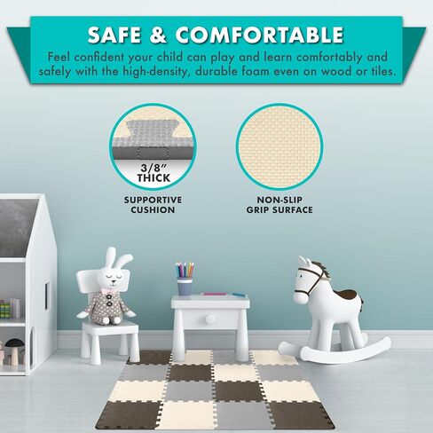 ProSource Foam Puzzle Floor Play Mat for Kids and Babies with Solid Colors, 36 or 16 Interlocking Tiles with Borders, Brown/Beige/Grey in Kuwait