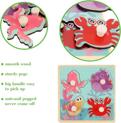 Wooden Peg Puzzles for Toddlers 1-3, Kids' Educational Preschool Peg Puzzle Toy, Set of 4 Toddler Puzzles - Farm, Dinosaur, Fruit and Marine Animals, Ideal Gift for Ages 1 2 3 Boys and Girls in Saudi Arabia