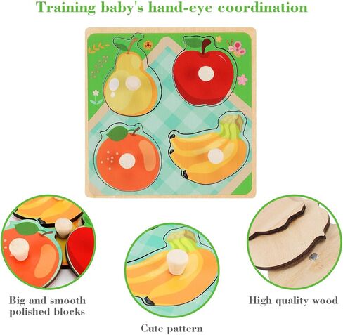 Wooden Peg Puzzles for Toddlers 1-3, Kids' Educational Preschool Peg Puzzle Toy, Set of 4 Toddler Puzzles - Farm, Dinosaur, Fruit and Marine Animals, Ideal Gift for Ages 1 2 3 Boys and Girls in Saudi Arabia