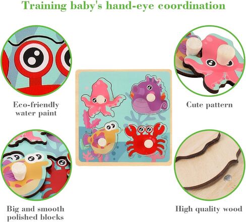 Wooden Peg Puzzles for Toddlers 1-3, Kids' Educational Preschool Peg Puzzle Toy, Set of 4 Toddler Puzzles - Farm, Dinosaur, Fruit and Marine Animals, Ideal Gift for Ages 1 2 3 Boys and Girls in Saudi Arabia