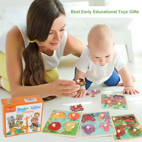 Wooden Peg Puzzles for Toddlers 1-3, Kids' Educational Preschool Peg Puzzle Toy, Set of 4 Toddler Puzzles - Farm, Dinosaur, Fruit and Marine Animals, Ideal Gift for Ages 1 2 3 Boys and Girls in Saudi Arabia