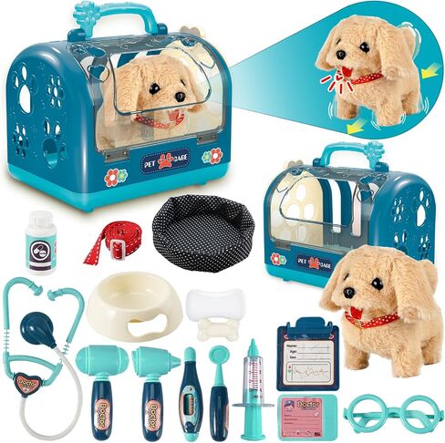 STAY GENT Stuffed Dog Robot Toy for Kids, 16Pcs Interactive Pet Care Toys with Pet Cage & Walking Dog Toy with Leash, Electronic Dog Grooming Toys Pretend Play Gifts for Girls 3 4 5 6 Years Old in Kuwait