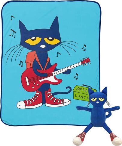 Jay Franco Pete The Cat Rock Out Mini Pillow Buddy و 46 Inch × 60 بوصة مجموعة رمي - الأطفال Super Super 2 قطعة بطانية مجموعة in Kuwait