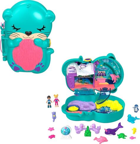Polly Pocket Compact Playet ، Otter Aquarium مع اثنين من الدمى الصغيرة والملحقات ، ألعاب السفر مع المفاجأة تكشف (Amazon Exclusive) in Kuwait