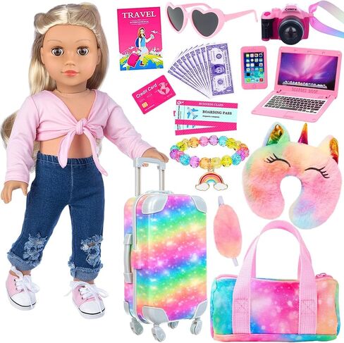K.T. Fancy 23 PCS American 18 Inch Doll Accessories Suitcase Luggage Travel Set - Rainbow Suitcase Rainbow Bag Camera Computer Cell Phone Neck Pillow Eye Mask Glasses Gift for Christmas (NO Doll) in Kuwait