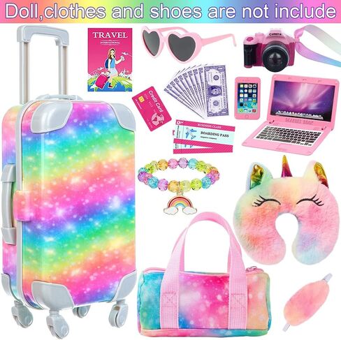 K.T. Fancy 23 PCS American 18 Inch Doll Accessories Suitcase Luggage Travel Set - Rainbow Suitcase Rainbow Bag Camera Computer Cell Phone Neck Pillow Eye Mask Glasses Gift for Christmas (NO Doll) in Kuwait