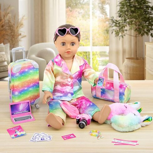 K.T. Fancy 23 PCS American 18 Inch Doll Accessories Suitcase Luggage Travel Set - Rainbow Suitcase Rainbow Bag Camera Computer Cell Phone Neck Pillow Eye Mask Glasses Gift for Christmas (NO Doll) in Kuwait