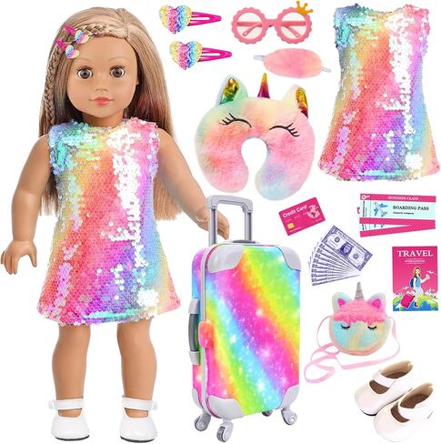 K.T. Fancy 23 PCS American 18 Inch Doll Accessories Suitcase Luggage Travel Set - Rainbow Suitcase Rainbow Bag Camera Computer Cell Phone Neck Pillow Eye Mask Glasses Gift for Christmas (NO Doll) in Kuwait