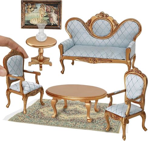 iLAND Victorian Dollhouse Furniture Set, Doll House Furniture and Accessories, Miniature Dollhouse Sofa with 1/12 Scale Accessories 8pcs, Mothers Gift, Wife Gift, Bookshelf Décor (White & Green) in Saudi Arabia