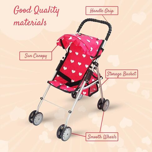 The New York Doll Collection My First Doll Stroller with Basket & Heart Design Foldable Doll Stroller, Pink in Saudi Arabia