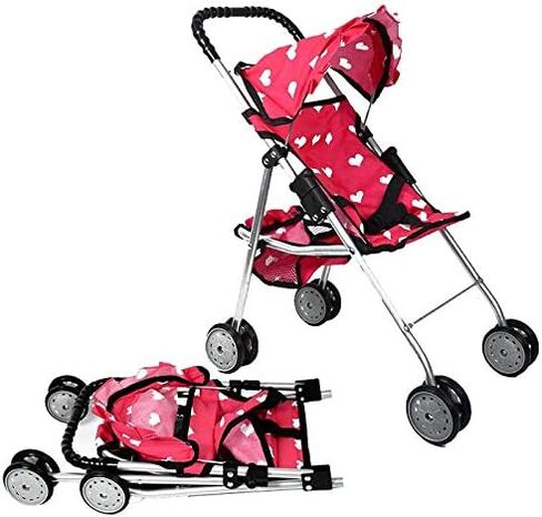 The New York Doll Collection My First Doll Stroller with Basket & Heart Design Foldable Doll Stroller, Pink in Saudi Arabia