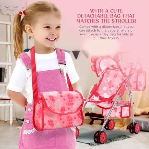 Baby Doll Stroller for Girls, Toddler Play Toy Doll Buggy Carriage Foldable with Canopy Storage Basket Travel Diaper Bag, Blue in Saudi Arabia