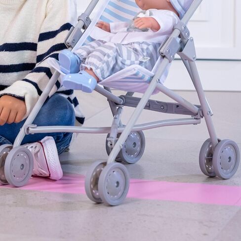 JC Toys Boutique | Folding Umbrella Doll Stroller for Children 2 Years Plus, Blue Stripes and Soft Embroidery | Sturdy Metal Frame | Pretend Play with Dolls up to 18" Long | Seat Belt in Kuwait