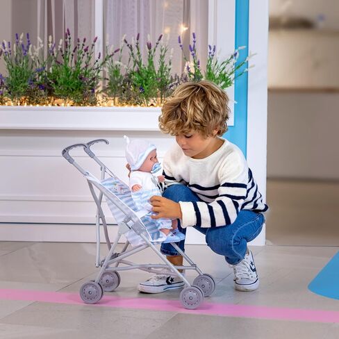 JC Toys Boutique | Folding Umbrella Doll Stroller for Children 2 Years Plus, Blue Stripes and Soft Embroidery | Sturdy Metal Frame | Pretend Play with Dolls up to 18" Long | Seat Belt in Kuwait