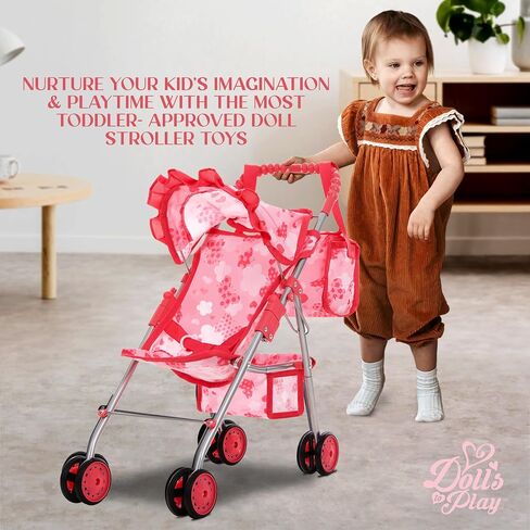 Baby Doll Stroller for Girls, Toddler Play Toy Doll Buggy Carriage Foldable with Canopy Storage Basket Travel Diaper Bag, Blue in Saudi Arabia