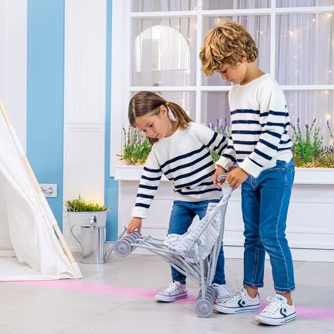 JC Toys Boutique | Folding Umbrella Doll Stroller for Children 2 Years Plus, Blue Stripes and Soft Embroidery | Sturdy Metal Frame | Pretend Play with Dolls up to 18" Long | Seat Belt in Kuwait