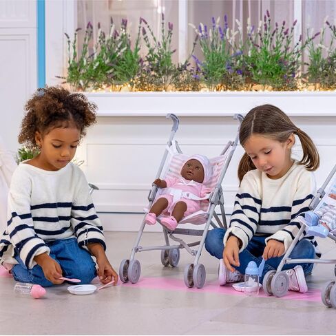 JC Toys Boutique | Folding Umbrella Doll Stroller for Children 2 Years Plus, Blue Stripes and Soft Embroidery | Sturdy Metal Frame | Pretend Play with Dolls up to 18" Long | Seat Belt in Kuwait