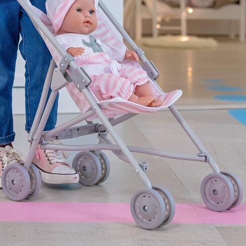 JC Toys Boutique | Folding Umbrella Doll Stroller for Children 2 Years Plus, Blue Stripes and Soft Embroidery | Sturdy Metal Frame | Pretend Play with Dolls up to 18" Long | Seat Belt in Kuwait