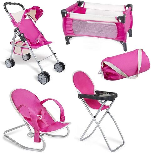 fash n kolor 4 Piece Baby Doll Play Set Flower Design Includes - Foldable Pack N Play, Baby Doll Stroller, Baby Doll High Chair, Infant Seat, Fits Up to 18'' Doll 4 Piece Doll Accessories Set in Kuwait
