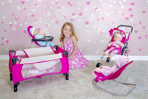 fash n kolor 4 Piece Baby Doll Play Set Flower Design Includes - Foldable Pack N Play, Baby Doll Stroller, Baby Doll High Chair, Infant Seat, Fits Up to 18'' Doll 4 Piece Doll Accessories Set in Kuwait
