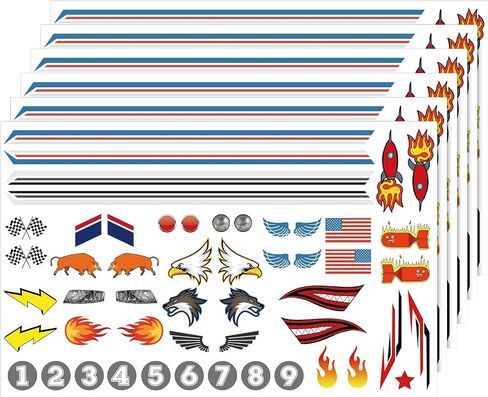 MotiMind 6 Pcs Derby Car Sticker Set Flags Theme Racing Stickers Cool Stripes Flame Numbers Lights and More Decals for Your Derby Car in Saudi Arabia
