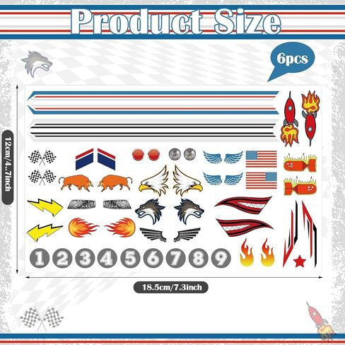 MotiMind 6 Pcs Derby Car Sticker Set Flags Theme Racing Stickers Cool Stripes Flame Numbers Lights and More Decals for Your Derby Car in Saudi Arabia