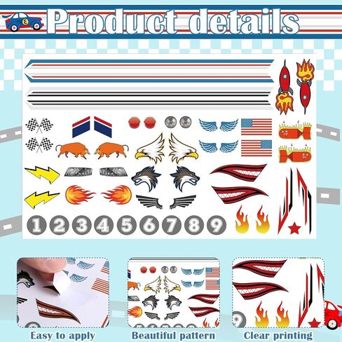MotiMind 6 Pcs Derby Car Sticker Set Flags Theme Racing Stickers Cool Stripes Flame Numbers Lights and More Decals for Your Derby Car in Saudi Arabia