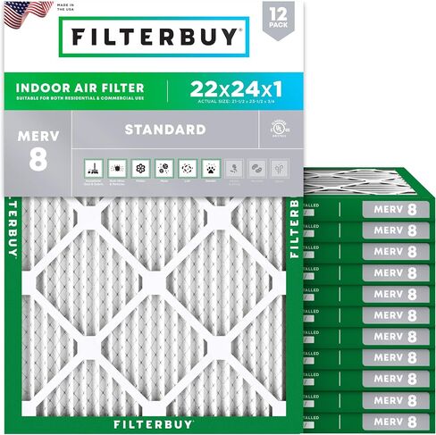 Filterbuy 17x22x1 فلتر هواء MERV 8 دفاع عن الغبار (12 حزمة)، استبدال مرشحات هواء فرن HVAC AC المطوية (الحجم الفعلي: 16.50 × 21.50 × 0.75 بوصة) in Saudi Arabia