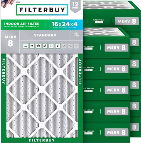 Filterbuy 17x22x1 فلتر هواء MERV 8 دفاع عن الغبار (12 حزمة)، استبدال مرشحات هواء فرن HVAC AC المطوية (الحجم الفعلي: 16.50 × 21.50 × 0.75 بوصة) in Saudi Arabia