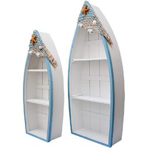 Beach Theme Display Boat with 3 Shelves, White Nautical Standing Boat Shelf Decor, Miniature Boat Model, Decorative Boat (M)