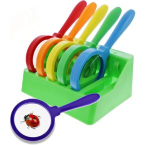 Get Out! Magnifying Glasses for Classroom - 6 Pack Shatterproof Hand Held Magnifying Glass for Students with Stand- Preschool Class Set of Lightweight Plastic Plant Leaf and Insect Magnifier Glass