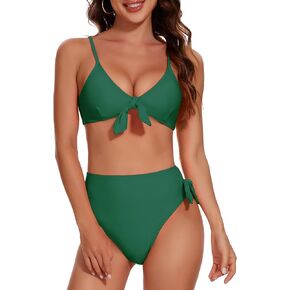Women's High Waisted Bikini Set for Women Solid V Neck Push up, Tie Knot Two Piece Swimsuits Bathing Suits Black
