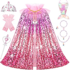 Meland Princess Dress Up for Girls 3-8, 11Pcs Mermaid Cape with Crown, Dress Up Clothes Birthday Gift Toys for Girls Toddlers