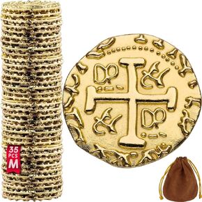 Gold Metal Pirate Coins - 35 Leprechaun Metal Gold Coins for St Patricks Day, Game Tokens, Toys & Cosplay - Fake Coins Set for Pirate Treasure Chest - Diameter: 7/8"
